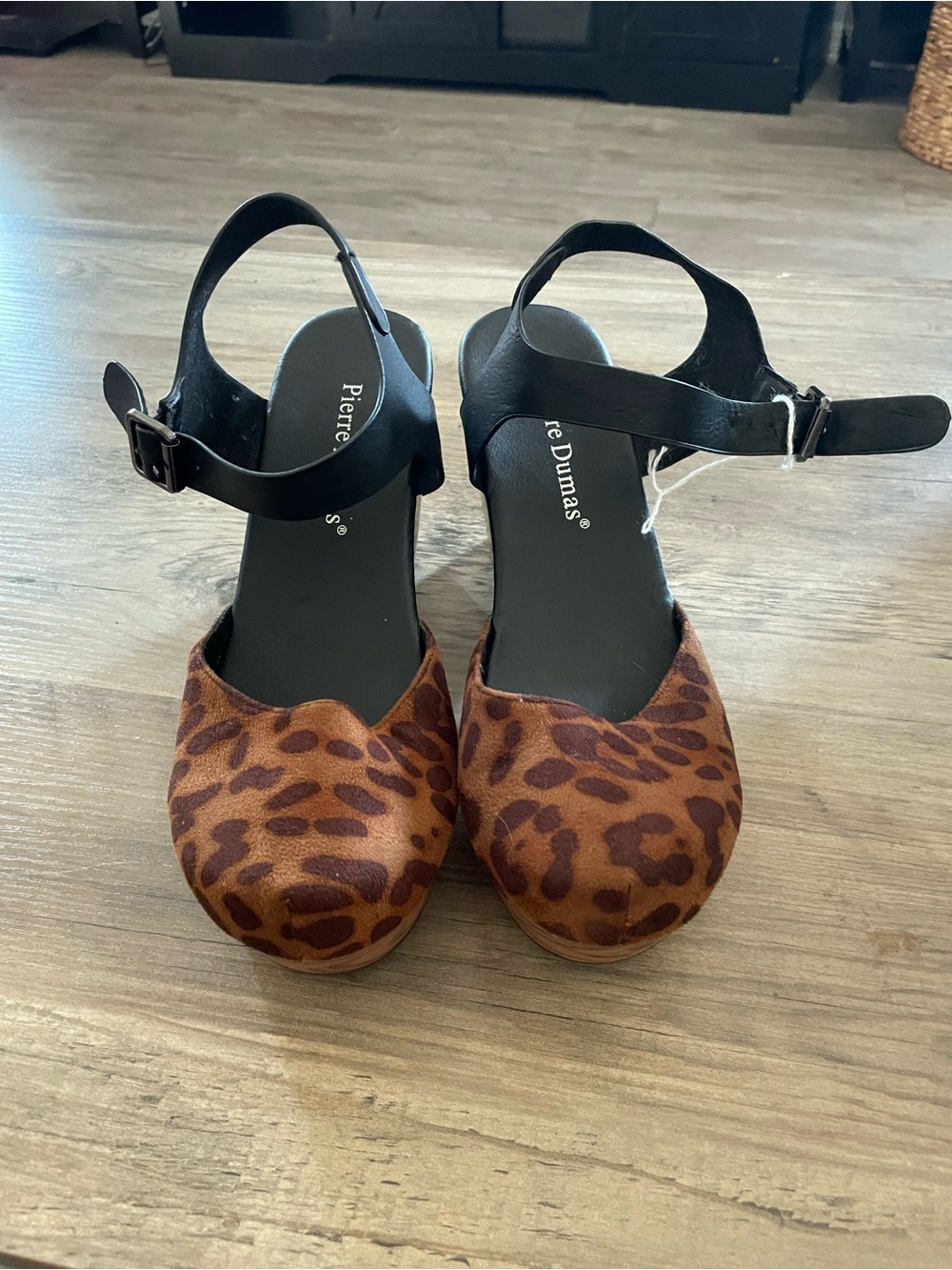 Pierre Dumas Animal print ankle
Buckle Strap faux wood block platform heels SZ 6